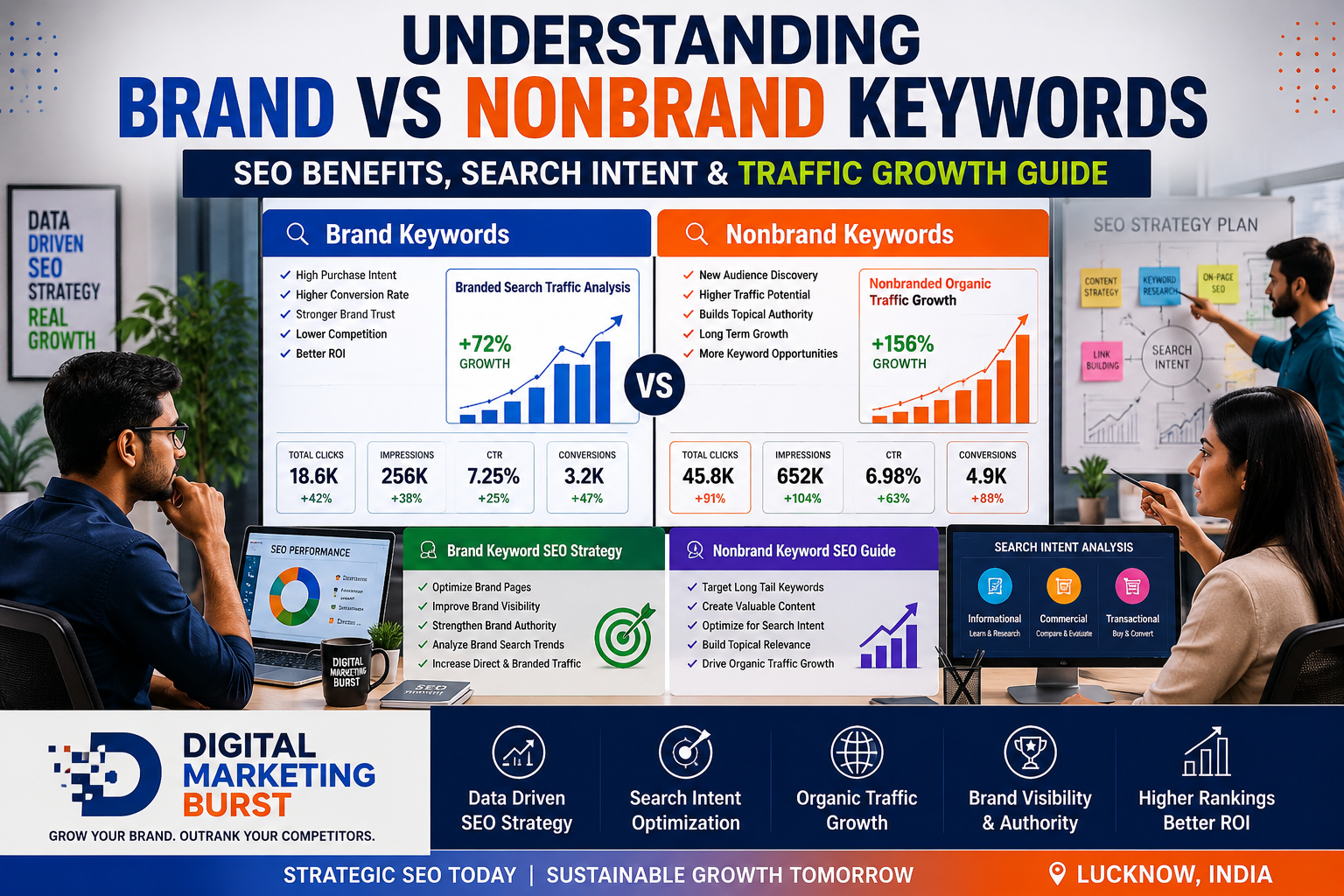Brand vs Nonbrand Keywords dashboard showing Branded Search Traffic Analysis, Nonbranded Organic Traffic Growth, Brand Keyword SEO Strategy, Nonbrand Keyword SEO Guide in a modern office environment