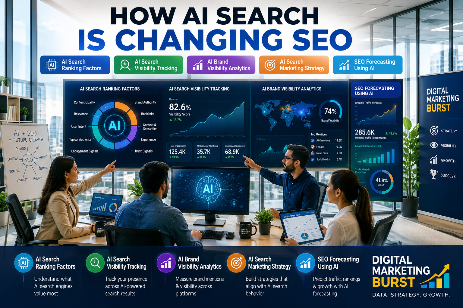 AI Search Ranking Factors dashboard with AI Search Visibility Tracking, AI Brand Visibility Analytics, AI Search Marketing Strategy and SEO Forecasting Using AI in a modern office environment