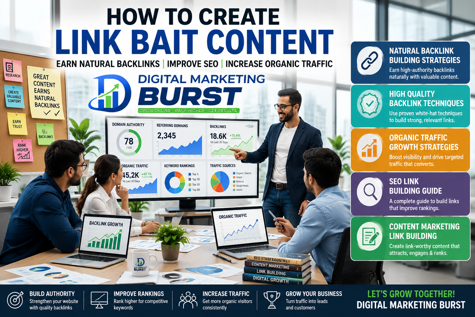 Natural Backlink Building Strategies with High Quality Backlink Techniques, Organic Traffic Growth Strategies, SEO Link Building Guide and Content Marketing Link Building in a modern digital marketing office