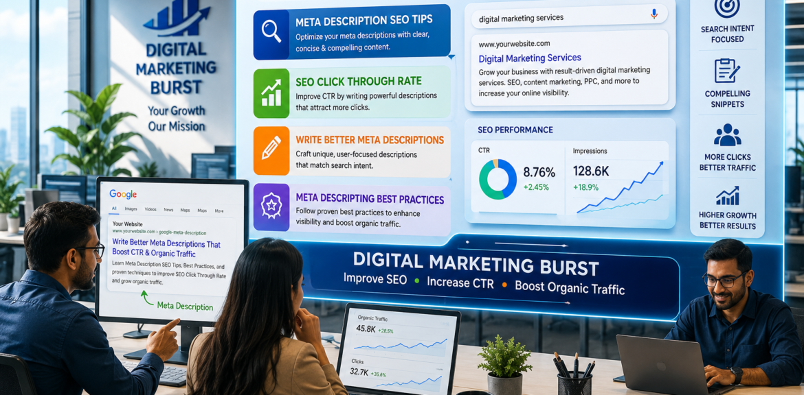 Google Meta Description Guide with Meta Description SEO Tips, SEO Click Through Rate, Write Better Meta Descriptions and Meta Description Best Practices by Digital Marketing Burst