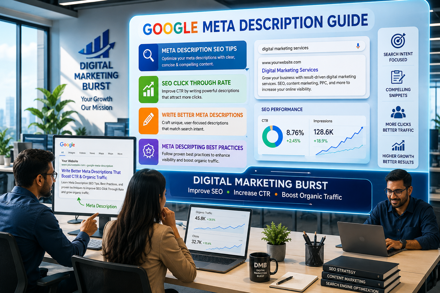 Google Meta Description Guide with Meta Description SEO Tips, SEO Click Through Rate, Write Better Meta Descriptions and Meta Description Best Practices by Digital Marketing Burst