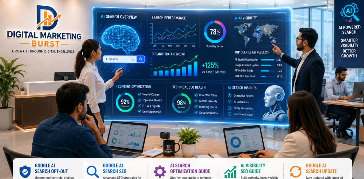 Google AI Search Opt-Out dashboard showing Google AI Search SEO, AI Search Optimization Guide, AI Visibility SEO Guide and Google AI Search Update by Digital Marketing Burst