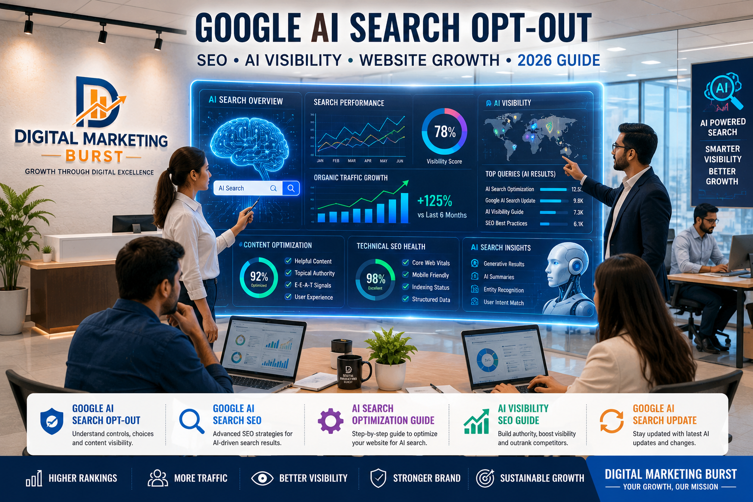 Google AI Search Opt-Out, Google AI Search SEO, AI Search Optimization Guide, AI Visibility SEO Guide, Google AI Search Update – Digital Marketing Burst Google AI Search Opt-Out dashboard showing Google AI Search SEO, AI Search Optimization Guide, AI Visibility SEO Guide and Google AI Search Update by Digital Marketing Burst