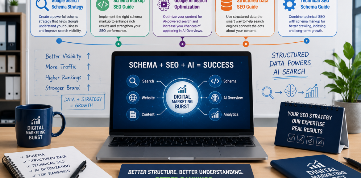 Google Search Schema Strategy with Schema Markup SEO Guide, Google AI Search Optimization, Structured Data SEO Guide, Technical SEO Schema Guide by Digital Marketing Burst helping businesses improve AI search visibility using structured data and technical SEO