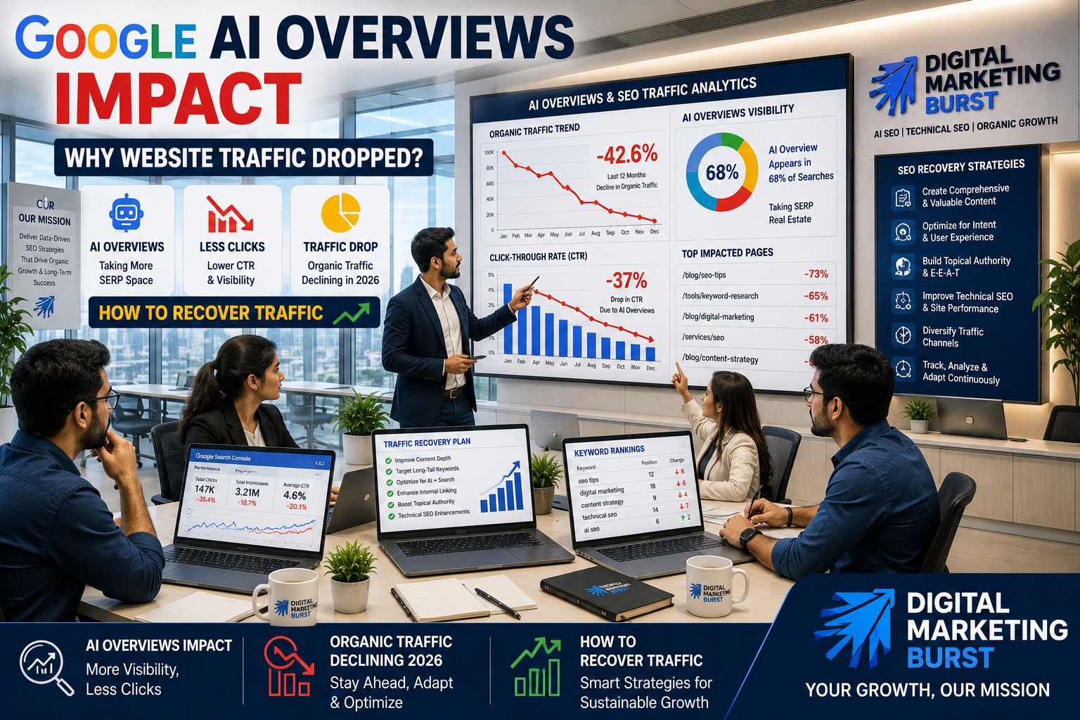 Google AI Overviews impact, why website traffic dropped, AI Overviews SEO traffic, organic traffic declining 2026, how to recover traffic with Digital Marketing Burst