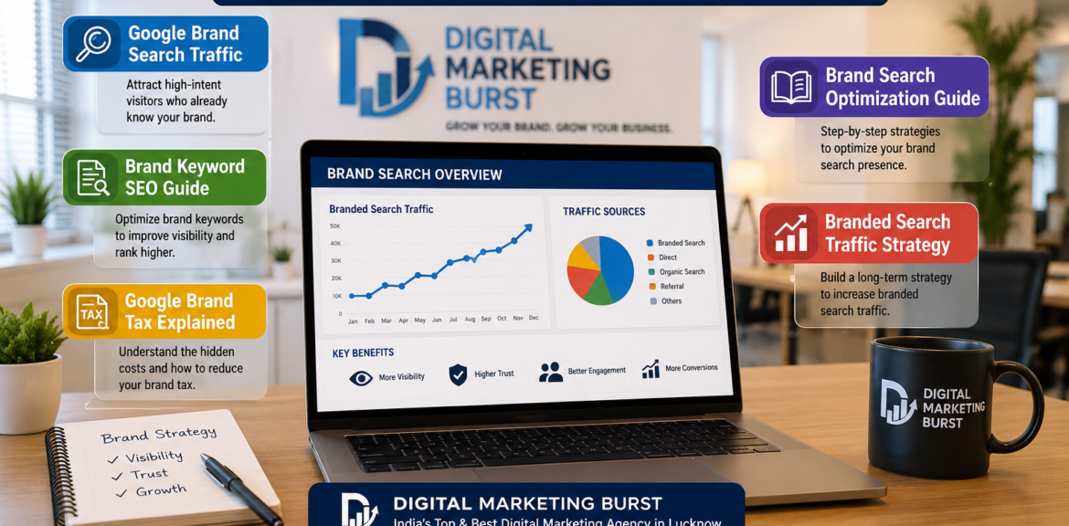Google Brand Search Traffic, Brand Keyword SEO Guide, Google Brand Tax Explained, Brand Search Optimization Guide, Branded Search Traffic Strategy in a modern office by Digital Marketing Burst