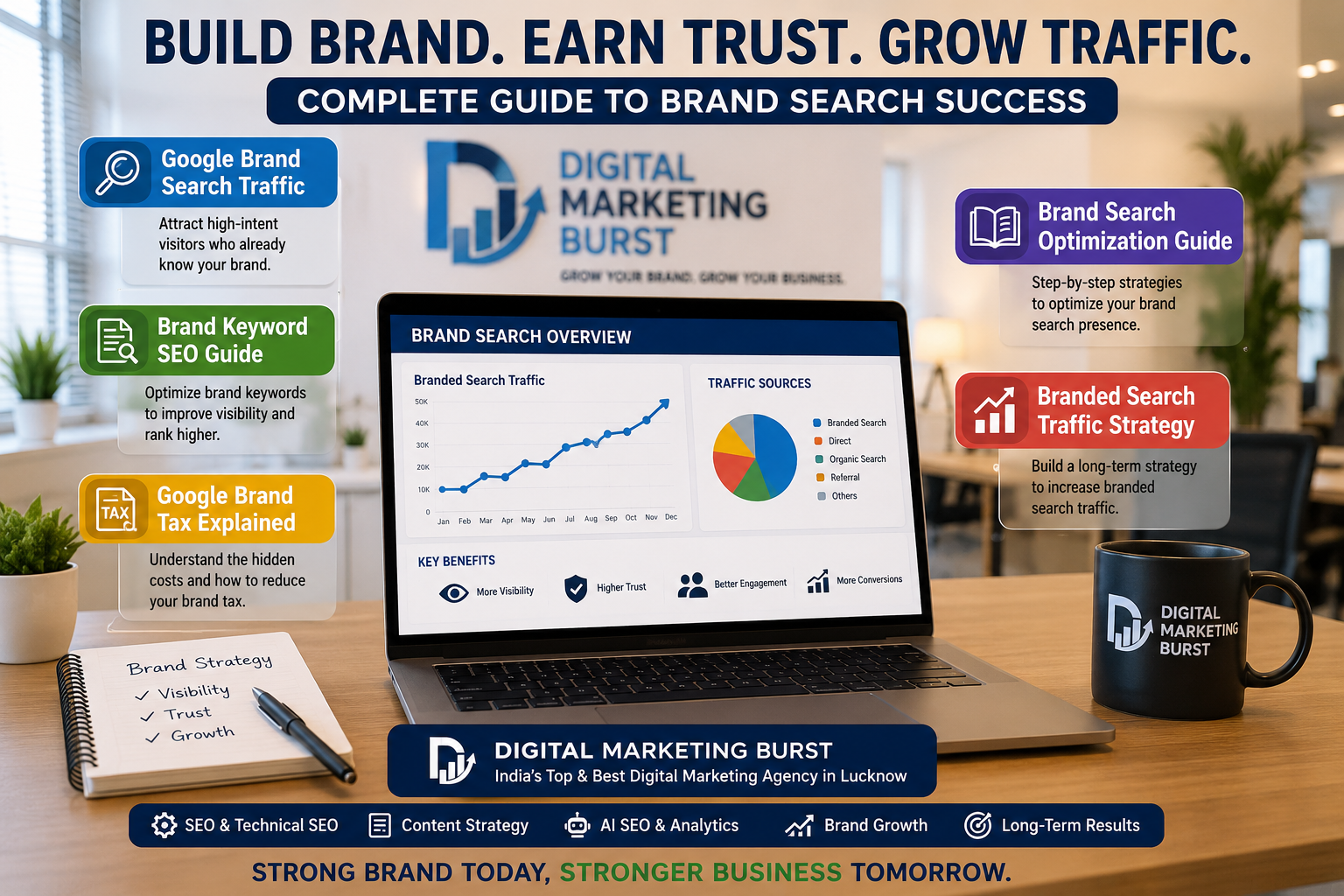Google Brand Search Traffic, Brand Keyword SEO Guide, Google Brand Tax Explained, Brand Search Optimization Guide, Branded Search Traffic Strategy | Digital Marketing Burst Google Brand Search Traffic, Brand Keyword SEO Guide, Google Brand Tax Explained, Brand Search Optimization Guide, Branded Search Traffic Strategy in a modern office by Digital Marketing Burst