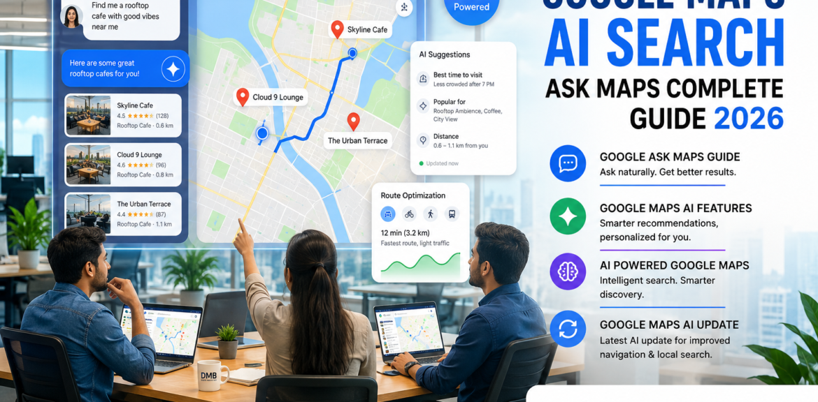 Google Maps AI Search, Google Ask Maps Guide, Google Maps AI Features, AI Powered Google Maps, Google Maps AI Update in a modern office environment by Digital Marketing Burst