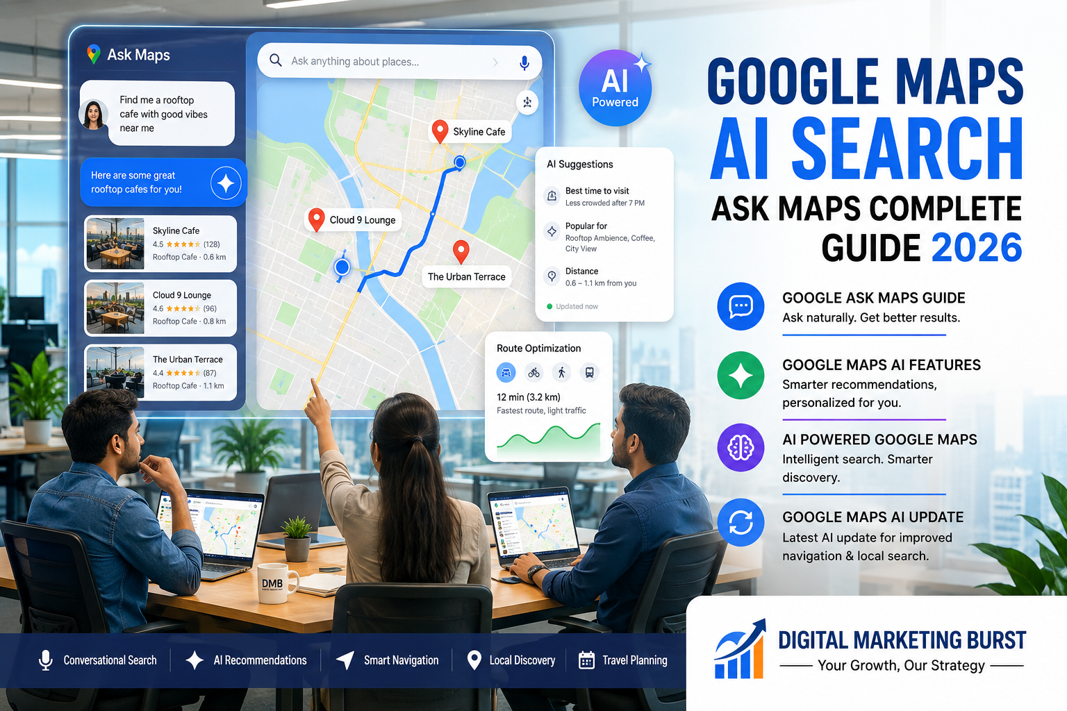 Google Maps AI Search Guide – Google Ask Maps Guide & AI Features | Digital Marketing Burst Google Maps AI Search, Google Ask Maps Guide, Google Maps AI Features, AI Powered Google Maps, Google Maps AI Update in a modern office environment by Digital Marketing Burst