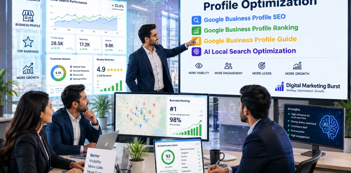 Google Business Profile Optimization dashboard showing Google Business Profile SEO, Google Business Profile Ranking, Google Business Profile Guide and AI Local Search Optimization by Digital Marketing Burst