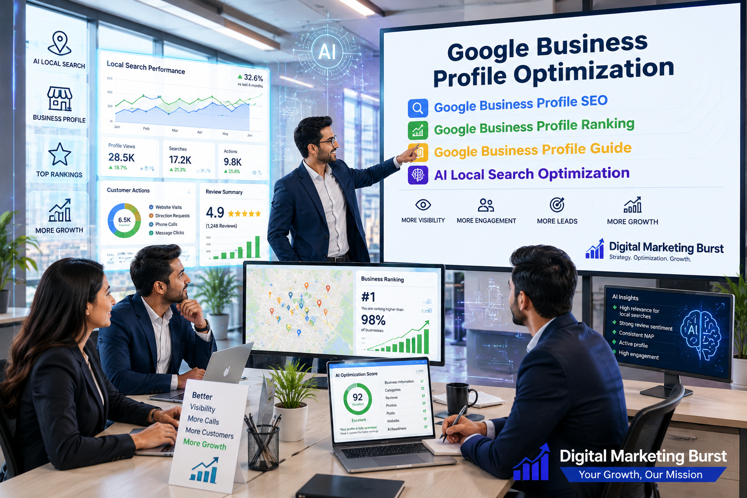 Google Business Profile Optimization dashboard showing Google Business Profile SEO, Google Business Profile Ranking, Google Business Profile Guide and AI Local Search Optimization by Digital Marketing Burst