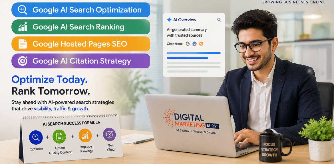 Google AI Mode SEO, Google AI Search Optimization, Google AI Search Ranking, Google Hosted Pages SEO, Google AI Citation Strategy by Digital Marketing Burst