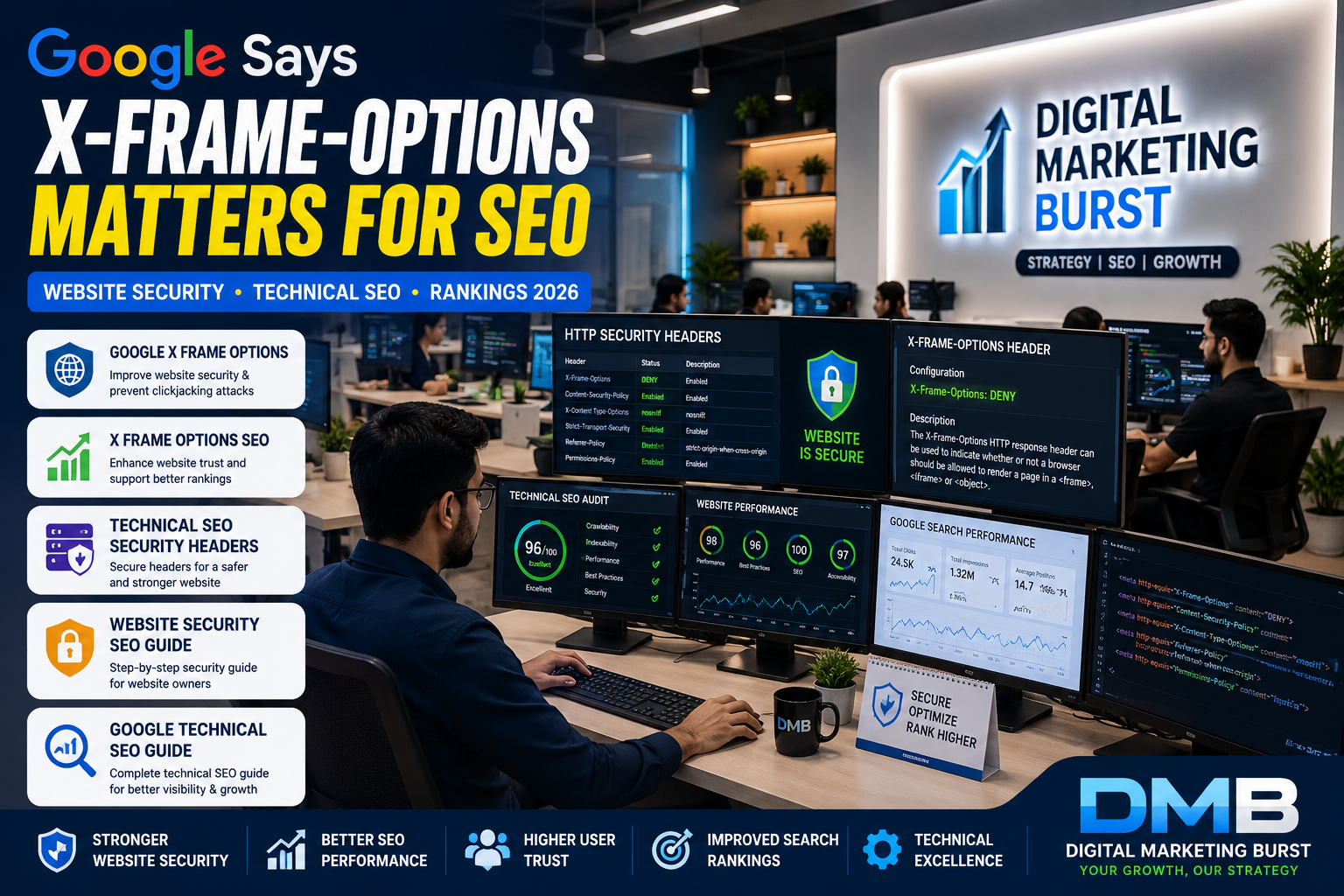 Google X Frame Options, X Frame Options SEO, Technical SEO Security Headers, Website Security SEO Guide, Google Technical SEO Guide by Digital Marketing Burst