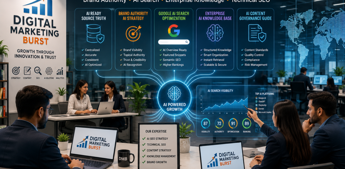 AI Ready Source Truth dashboard showing Brand Authority AI Strategy, Google AI Search Optimization, Enterprise AI Knowledge Base and AI Content Governance Guide in a modern Digital Marketing Burst office