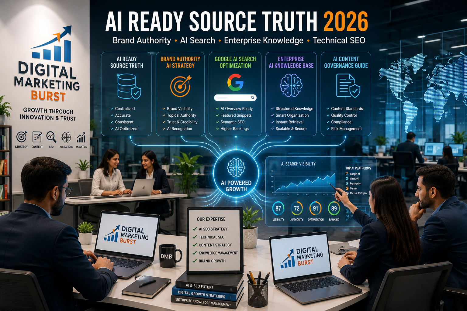 AI Ready Source Truth dashboard showing Brand Authority AI Strategy, Google AI Search Optimization, Enterprise AI Knowledge Base and AI Content Governance Guide in a modern Digital Marketing Burst office