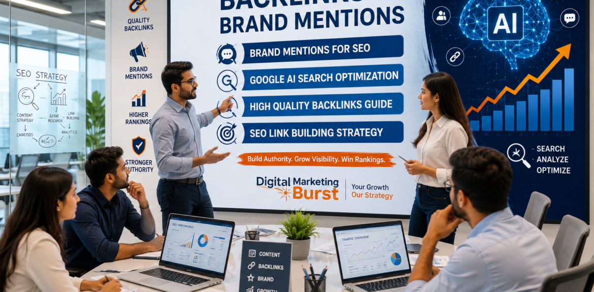 Backlinks vs Brand Mentions, Brand Mentions for SEO, Google AI Search Optimization, High Quality Backlinks Guide, SEO Link Building Strategy office team planning digital marketing campaign