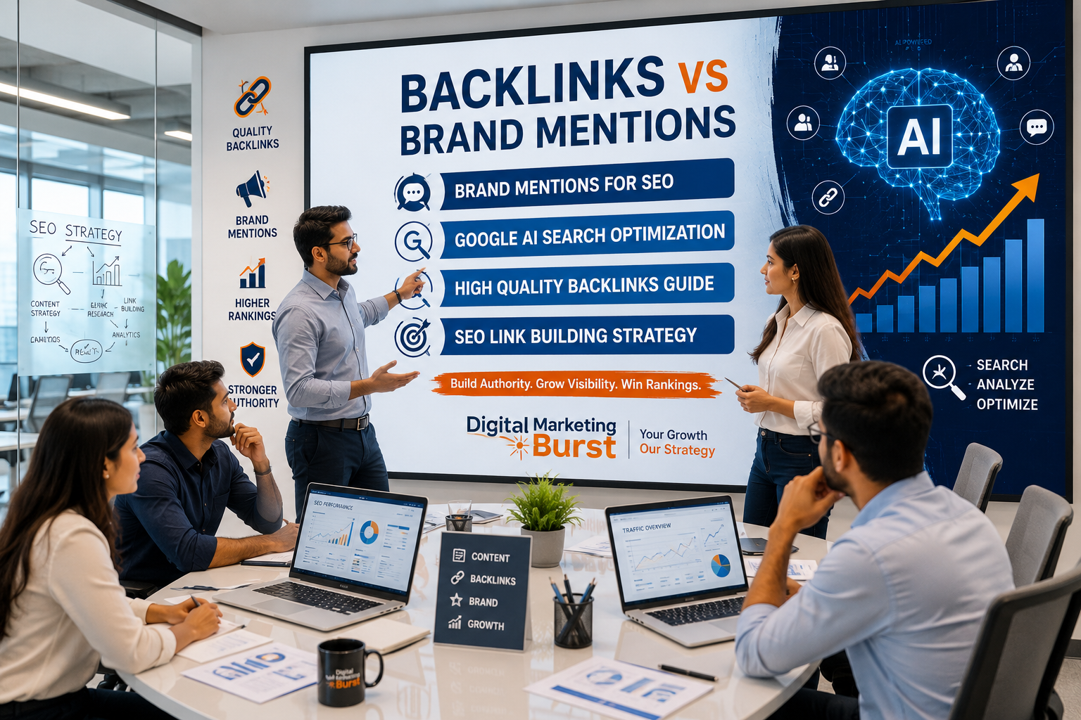  Backlinks vs Brand Mentions, Brand Mentions for SEO, Google AI Search Optimization, High Quality Backlinks Guide, SEO Link Building Strategy office team planning digital marketing campaign