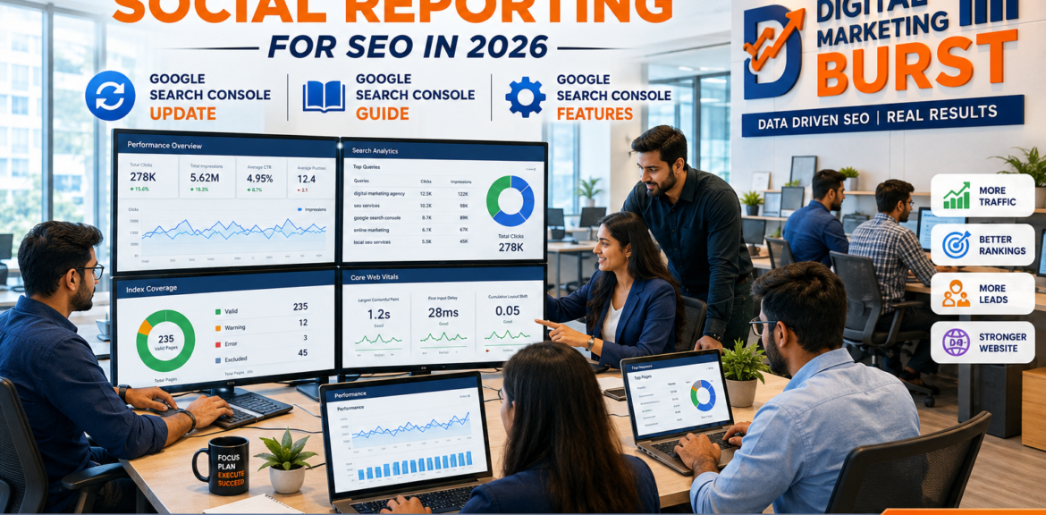 Google Search Console Update Google Search Console Guide Google Search Console Features Google SEO Latest Updates Google Search Console Tips Digital Marketing Burst SEO experts using advanced Search Console reporting dashboard in modern office
