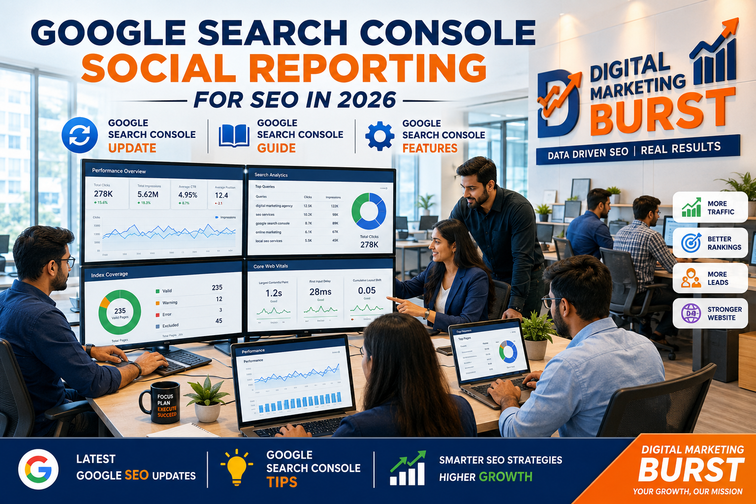 Google Search Console Update, Google Search Console Guide, Google Search Console Features, Google SEO Latest Updates, Google Search Console Tips | Digital Marketing Burst Google Search Console Update Google Search Console Guide Google Search Console Features Google SEO Latest Updates Google Search Console Tips Digital Marketing Burst SEO experts using advanced Search Console reporting dashboard in modern office