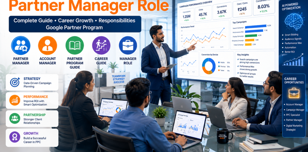 Google Ads Partner Manager with Google Ads Account Manager, Google Partner Program Guide, Google Ads Career Guide and Google Ads Manager Role explained by Digital Marketing Burst in a modern digital marketing office