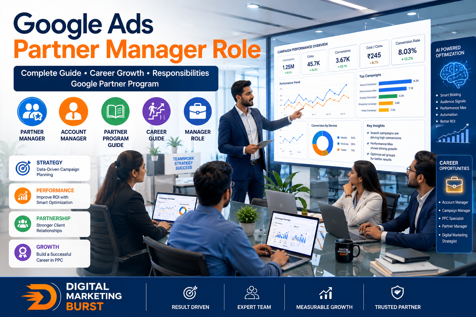 Google Ads Partner Manager, Google Ads Account Manager, Google Partner Program Guide, Google Ads Career Guide, Google Ads Manager Role | Digital Marketing Burst Google Ads Partner Manager with Google Ads Account Manager, Google Partner Program Guide, Google Ads Career Guide and Google Ads Manager Role explained by Digital Marketing Burst in a modern digital marketing office
