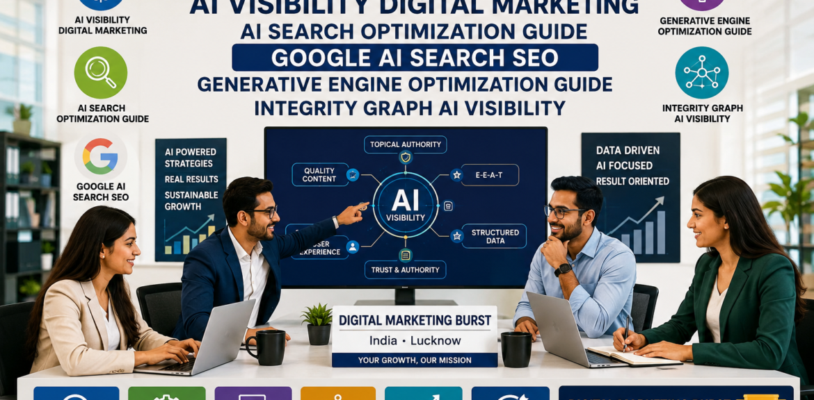 AI Visibility Digital Marketing office showing AI Search Optimization Guide, Google AI Search SEO, Generative Engine Optimization Guide and Integrity Graph AI Visibility by Digital Marketing Burst