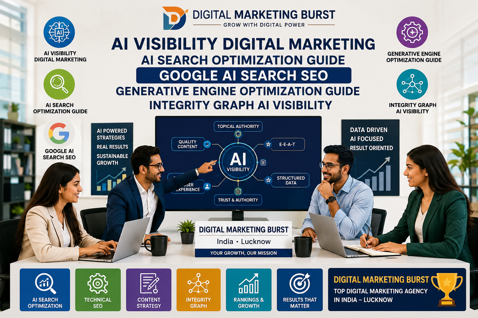 AI Visibility Digital Marketing, AI Search Optimization Guide, Google AI Search SEO, Generative Engine Optimization Guide, Integrity Graph AI Visibility – Digital Marketing Burst AI Visibility Digital Marketing office showing AI Search Optimization Guide, Google AI Search SEO, Generative Engine Optimization Guide and Integrity Graph AI Visibility by Digital Marketing Burst