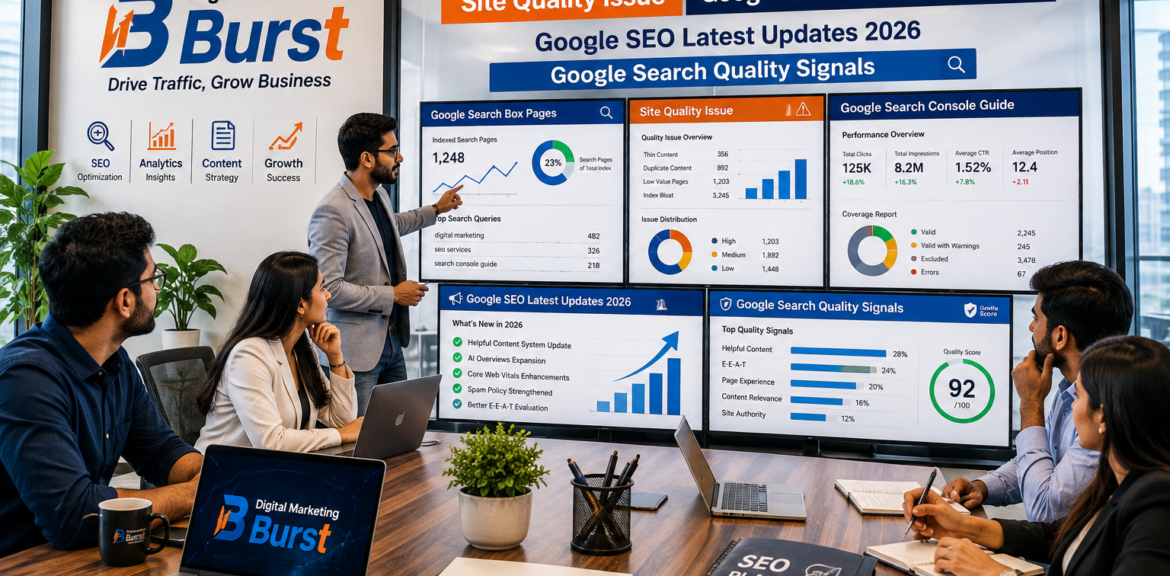 Google Search Box Pages, Google Site Quality Issue, Google Search Console Guide, Google SEO Latest Updates, Google Search Quality Signals, SEO expert analyzing website quality dashboard in modern office