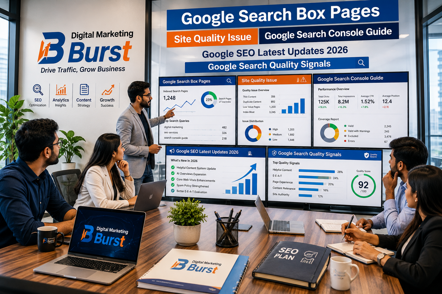 Google Search Box Pages – Google Site Quality Issue – Google Search Console Guide – Google SEO Latest Updates – Google Search Quality Signals – Digital Marketing Burst Google Search Box Pages, Google Site Quality Issue, Google Search Console Guide, Google SEO Latest Updates, Google Search Quality Signals, SEO expert analyzing website quality dashboard in modern office