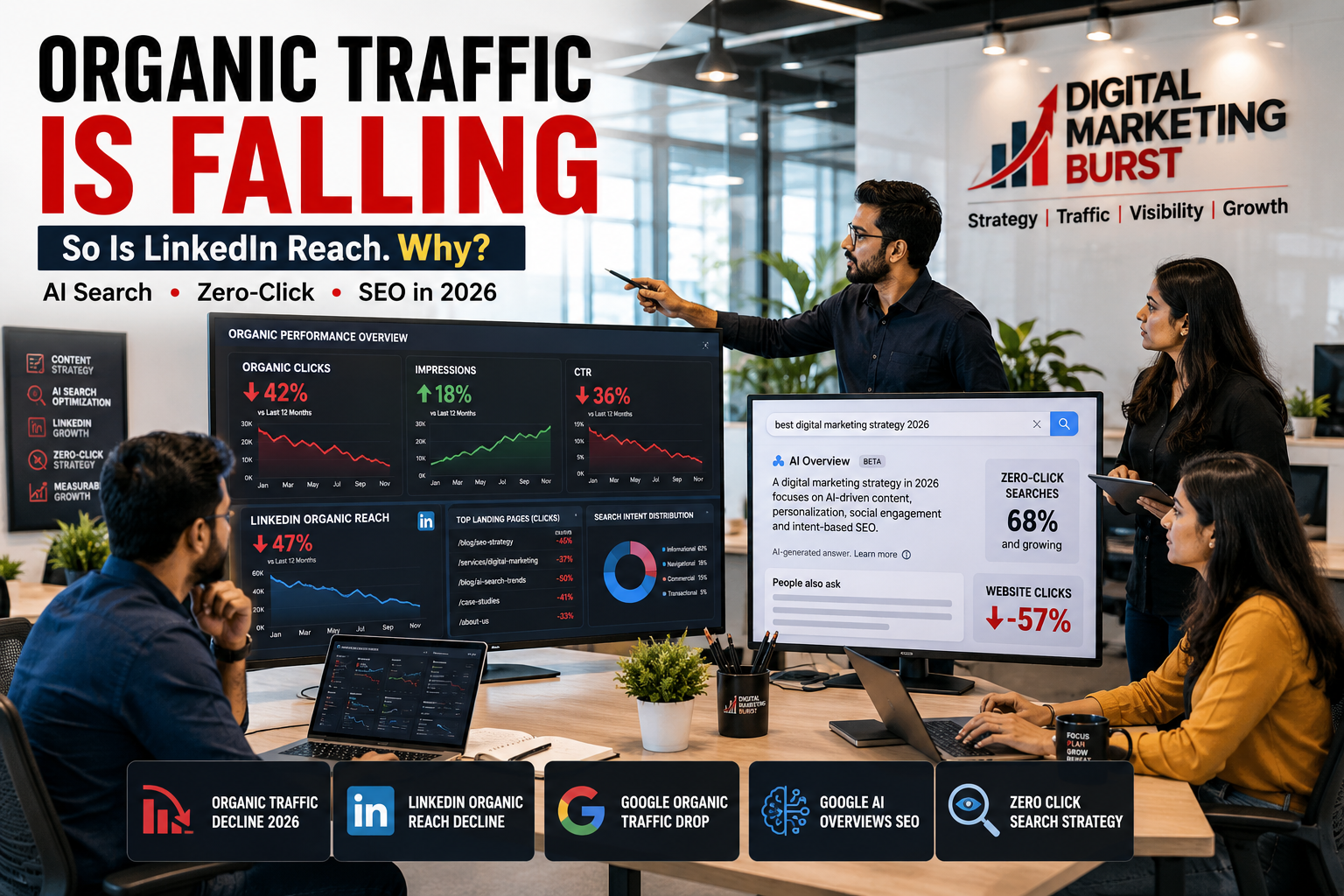 Organic Traffic Decline 2026 with LinkedIn Organic Reach Decline, Google Organic Traffic Drop, Google AI Overviews SEO and Zero Click Search Strategy