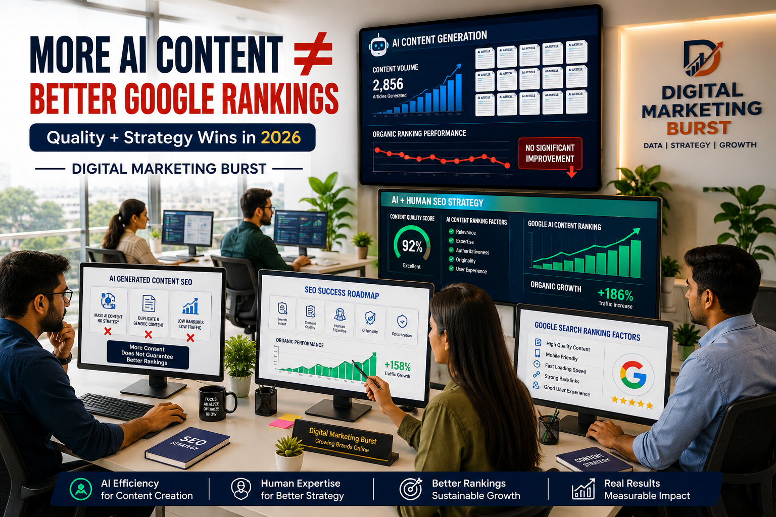 AI Content SEO Strategy showing AI Generated Content SEO, Google AI Content Ranking, AI Content Ranking Factors and Google Search Ranking Factors