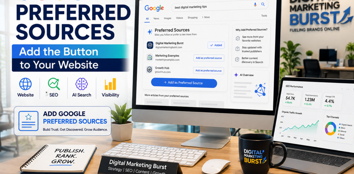 Google Preferred Sources Button for Google Preferred Sources Website SEO showing how to Add Google Preferred Sources with a Google Preferred Sources Guide by Digital Marketing Burst