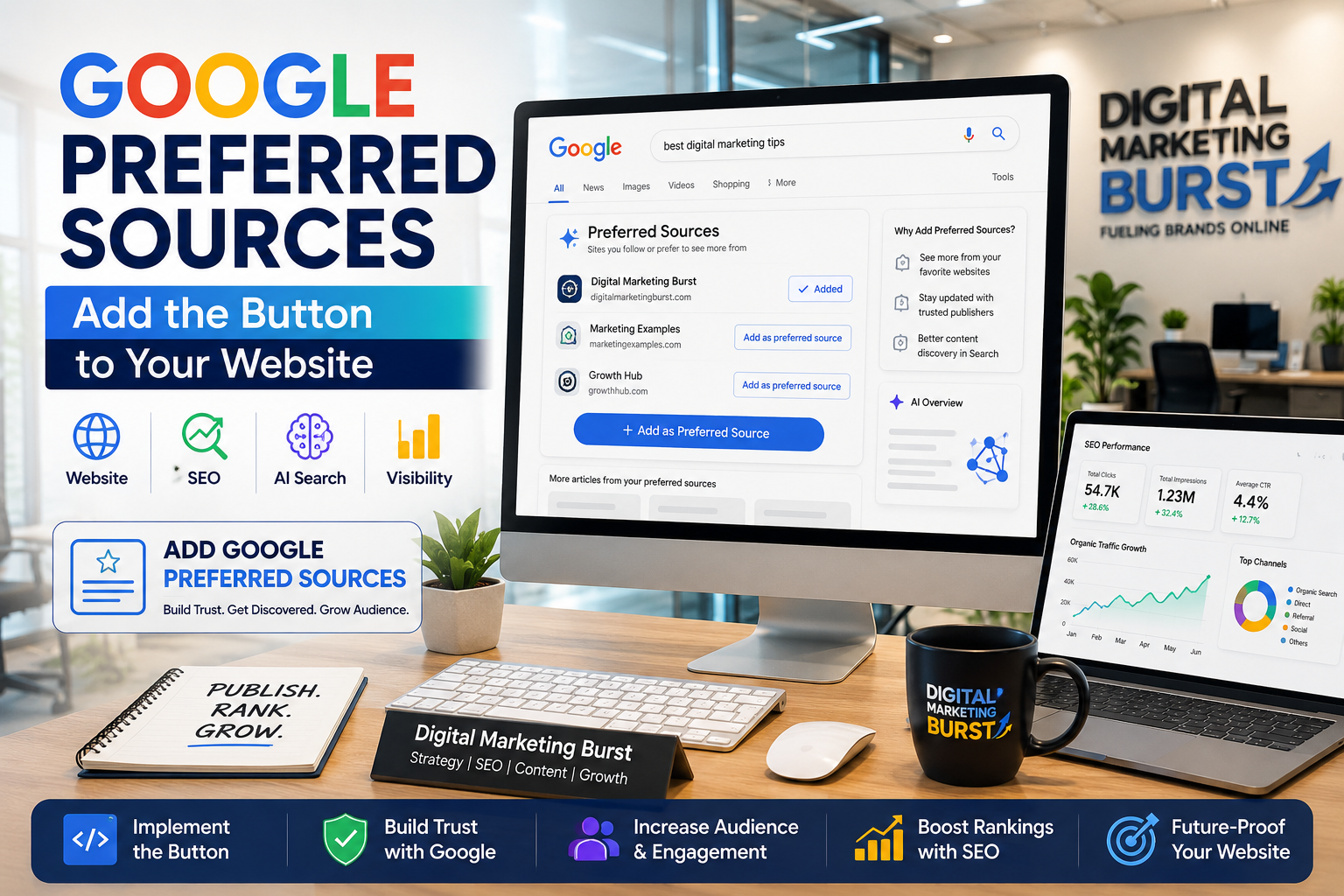 Google Preferred Sources Button for Google Preferred Sources Website SEO showing how to Add Google Preferred Sources with a Google Preferred Sources Guide by Digital Marketing Burst