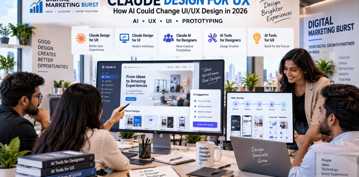 Claude Design for UX and Claude Design for UI showing Claude AI for Designers with AI Tools for Designers and AI Tools for UX in a modern office