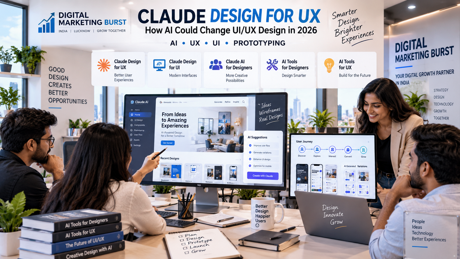 Claude Design for UX, Claude Design for UI, Claude AI for Designers, AI Tools for Designers, AI Tools for UX | Digital Marketing Burst Claude Design for UX and Claude Design for UI showing Claude AI for Designers with AI Tools for Designers and AI Tools for UX in a modern office