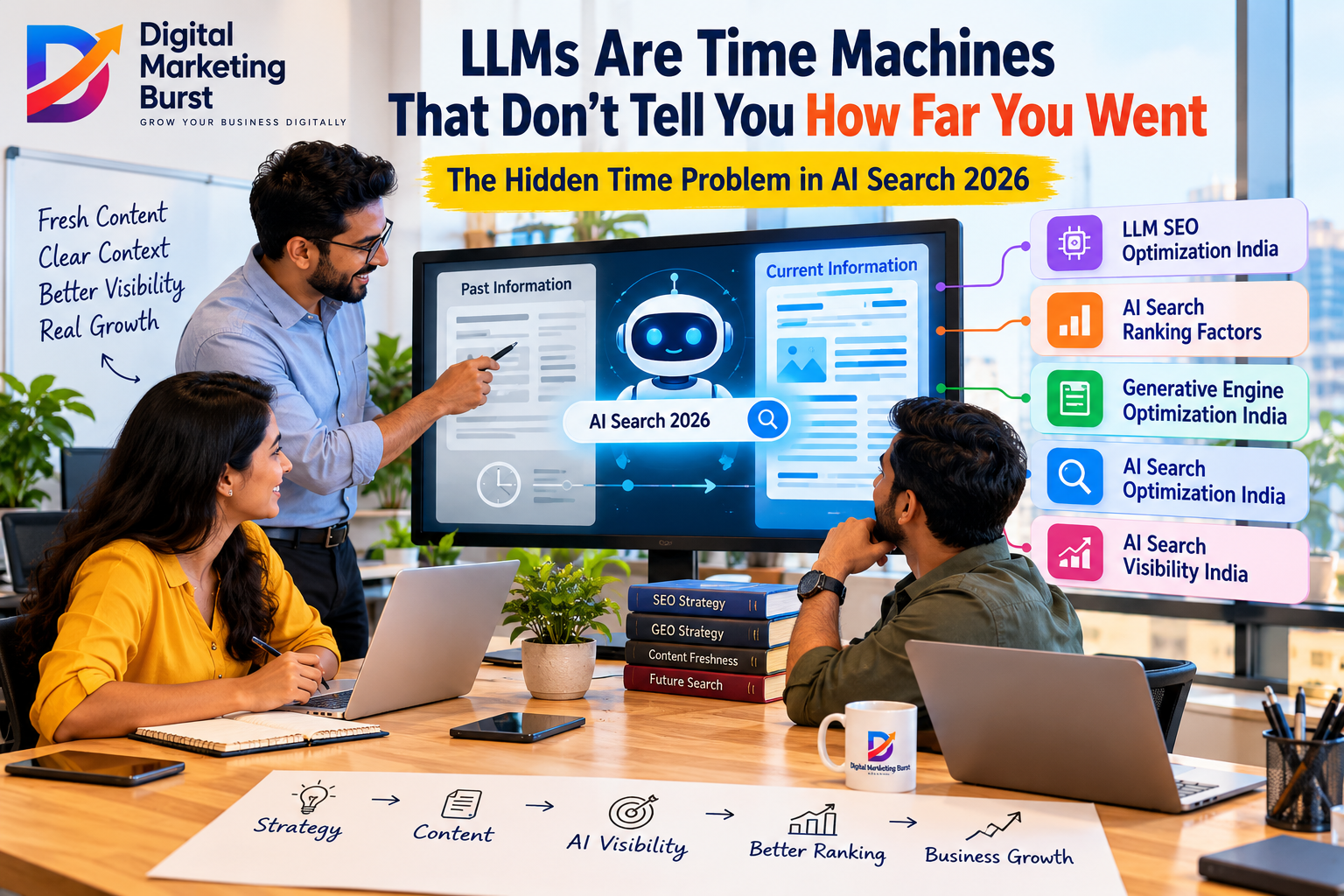 LLM SEO Optimization India visual explaining AI Search Ranking Factors, Generative Engine Optimization India, AI Search Optimization India and AI Search Visibility India