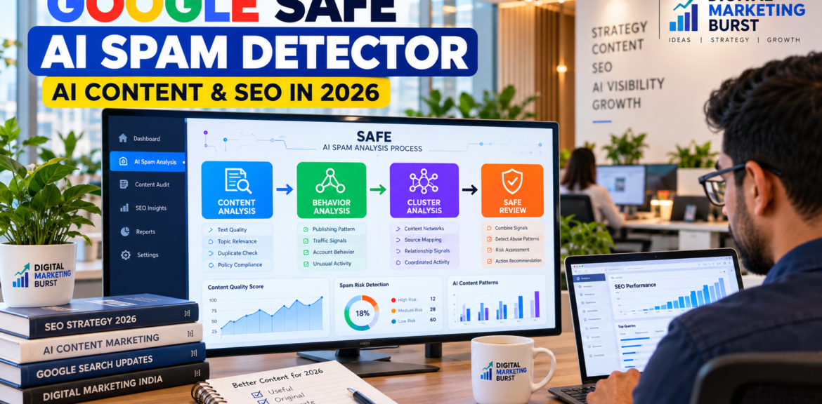 Google SAFE AI Spam Detector concept showing AI spam analysis and SEO content review in a modern office I