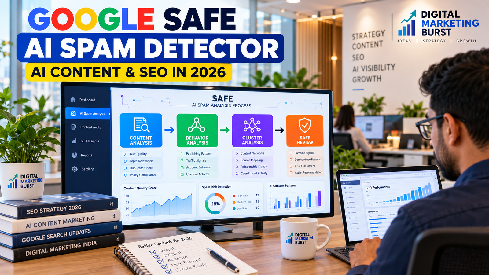 Google SAFE AI Spam Detector concept showing AI spam analysis and SEO content review in a modern office I
