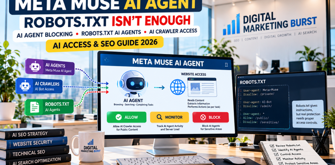Meta Muse AI Agent dashboard showing AI Agent Blocking, Robots.txt AI Agents, Block AI Agents controls and AI Crawler Access