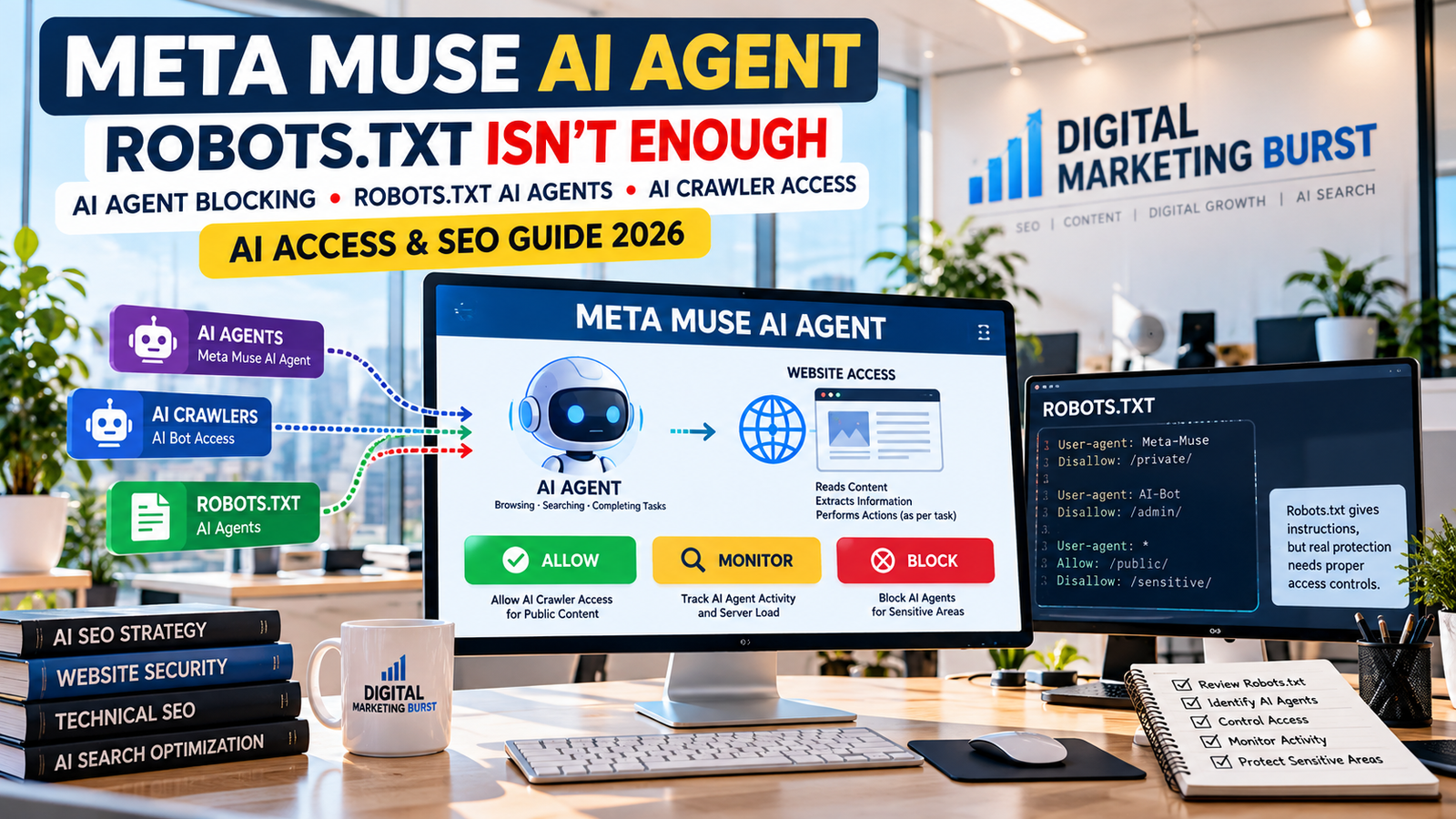 Meta Muse AI Agent dashboard showing AI Agent Blocking, Robots.txt AI Agents, Block AI Agents controls and AI Crawler Access