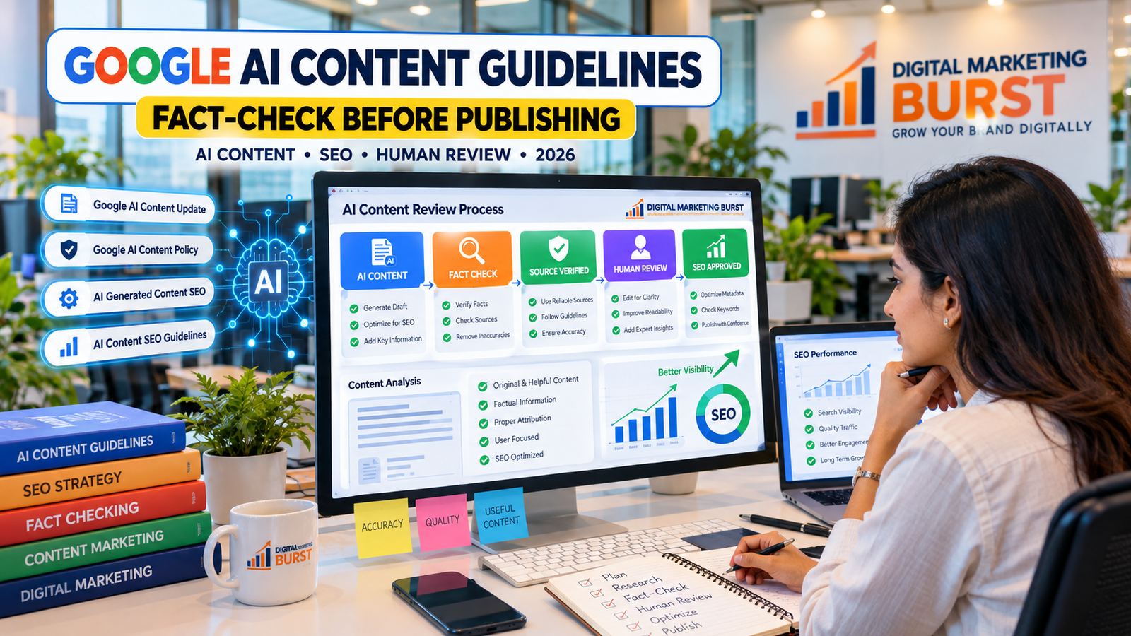 Google AI Content Guidelines and Google AI Content Update showing AI Generated Content SEO review, Google AI Content Policy and AI Content SEO Guidelines
