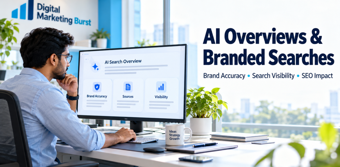 AI Overviews branded searches illustration showing an Indian marketer reviewing brand visibility and search information in a bright office