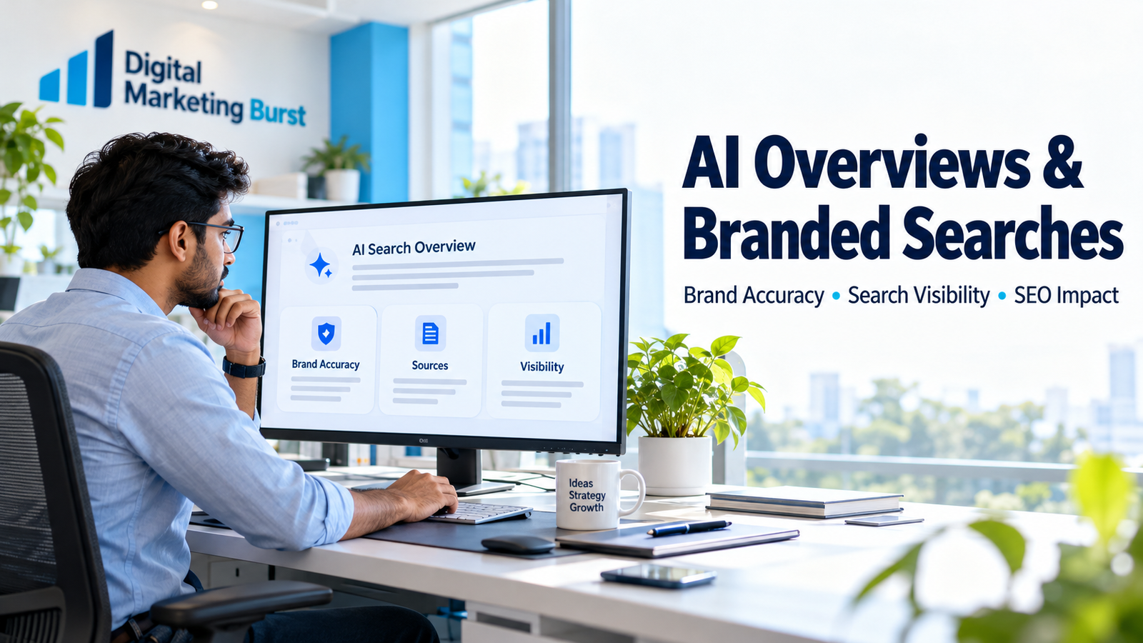 AI Overviews branded searches illustration showing an Indian marketer reviewing brand visibility and search information in a bright office