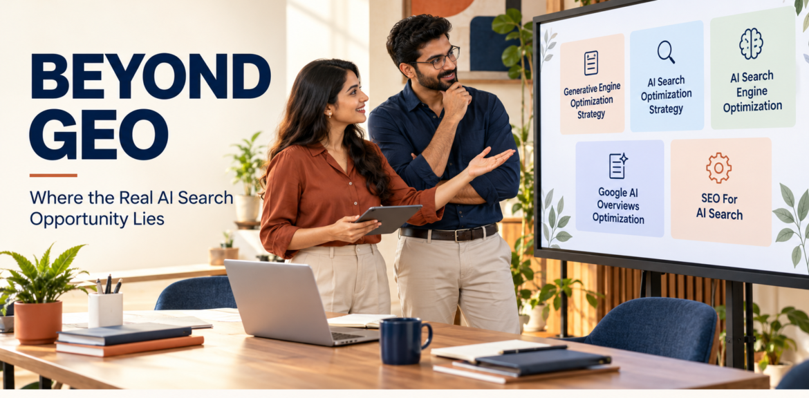 Marketing team reviewing a Generative Engine Optimization Strategy, AI search optimization and SEO for Google AI Overviews in a bright office