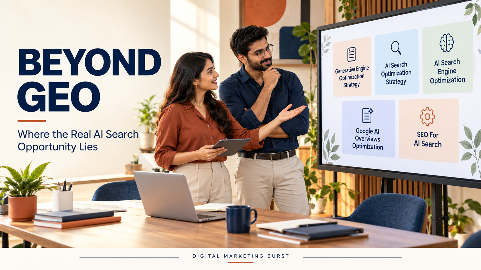 Marketing team reviewing a Generative Engine Optimization Strategy, AI search optimization and SEO for Google AI Overviews in a bright office