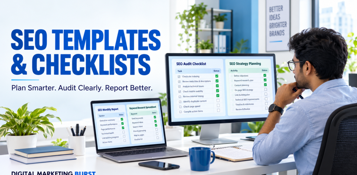 SEO templates and checklists on office screens showing an SEO audit checklist template, SEO strategy planning template, SEO monthly report template and keyword research spreadsheet template.