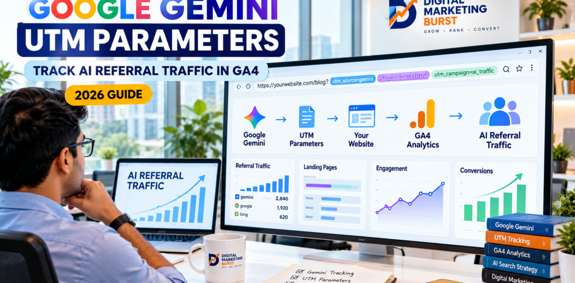 Google Gemini UTM Parameters dashboard showing Gemini Referral Traffic, Gemini UTM Tracking and AI Referral Traffic in GA4