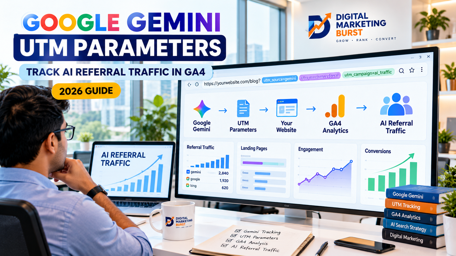 Google Gemini UTM Parameters dashboard showing Gemini Referral Traffic, Gemini UTM Tracking and AI Referral Traffic in GA4
