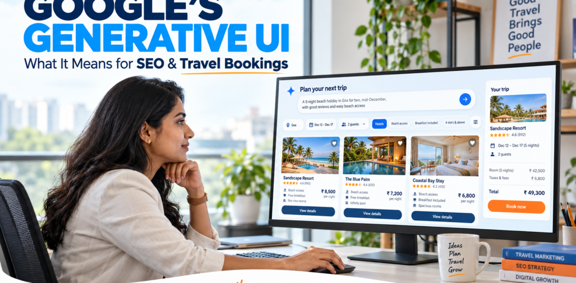Google Generative UI SEO concept showing a marketer reviewing AI travel booking, hotel booking and AI Mode search interfaces