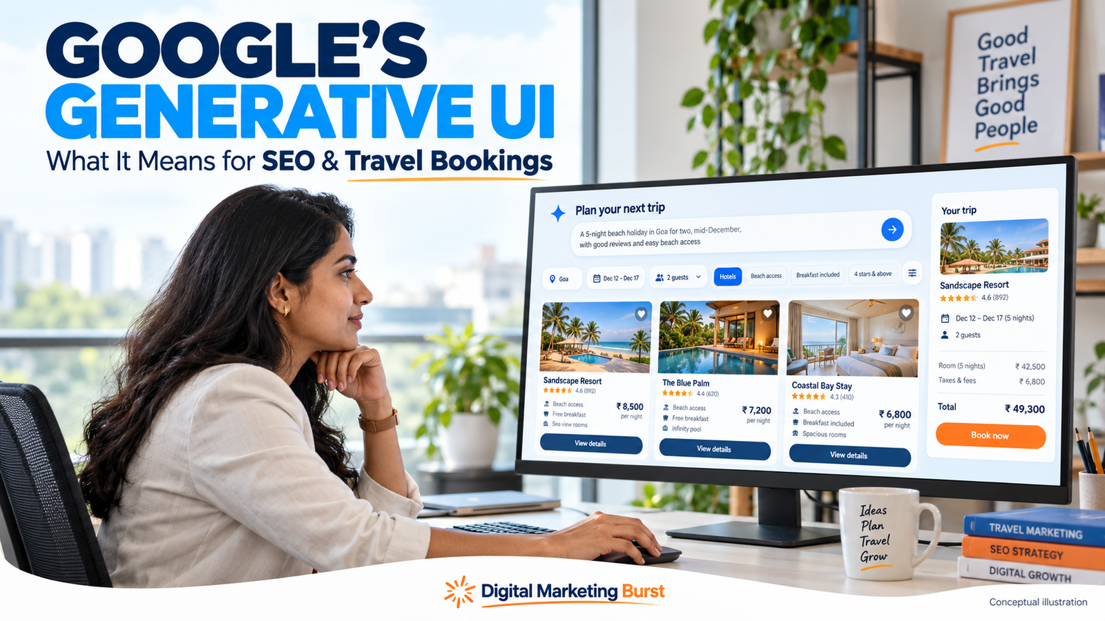 Google Generative UI SEO concept showing a marketer reviewing AI travel booking, hotel booking and AI Mode search interfaces